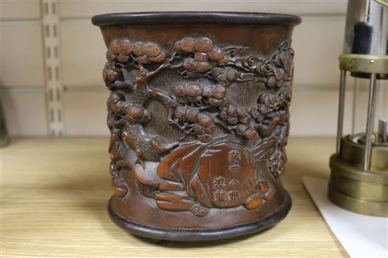 A Chinese bamboo and wood sagos brushpot height 17cm